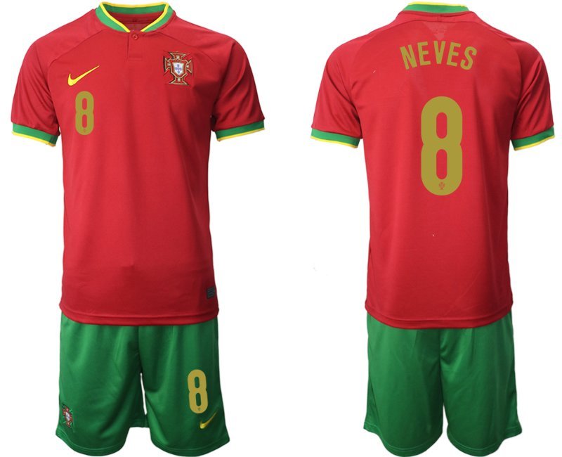 NEVES #8 Portugal WM 2022 Heimtrikot rot und grün Trikotsatz Kurzarm + Kurze Hosen