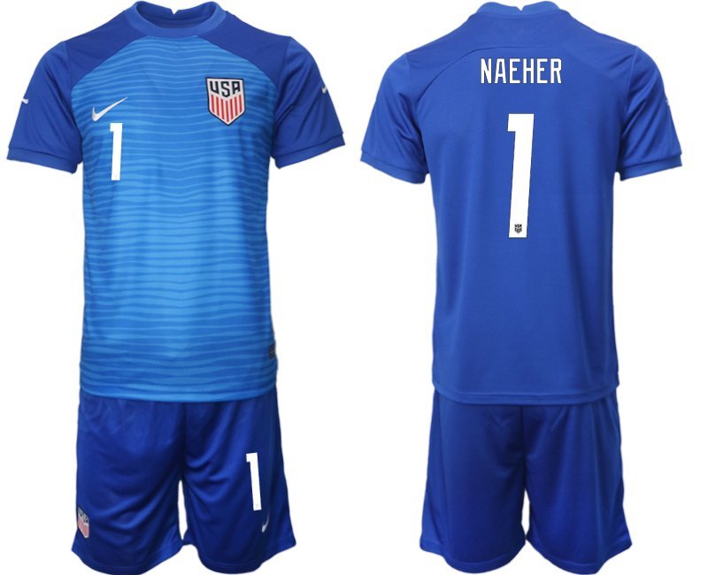 Naeher 1 United States Auswärtstrikot WM 2022 blau USA Trikotsatz Kurzarm + Kurze Hosen