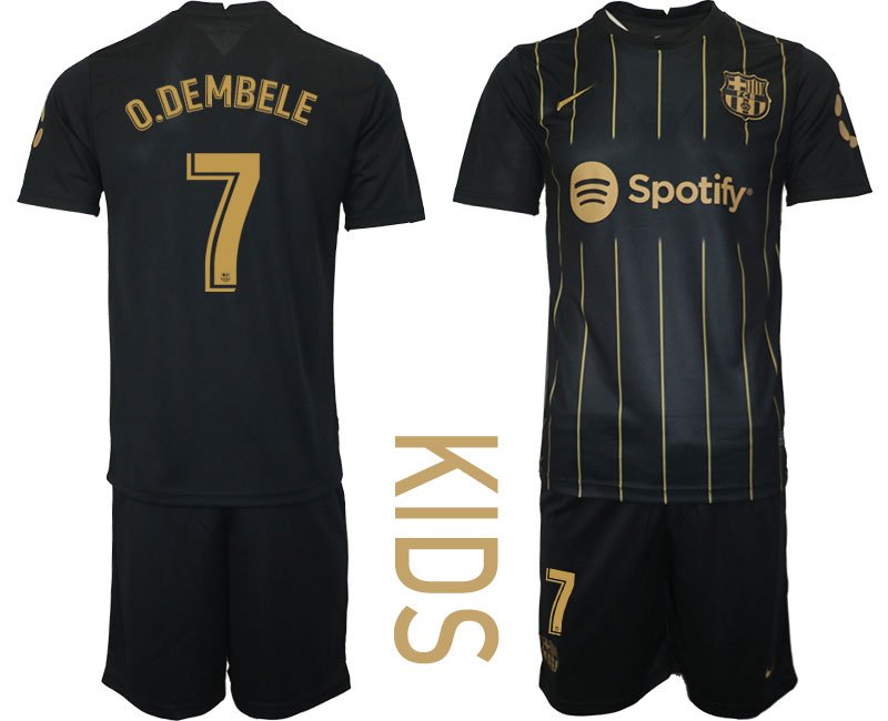 O.DEMBELE #7 Barca 2022-2023 Trikot schwarz gold Trikotsatz Kurzarm für Kinder