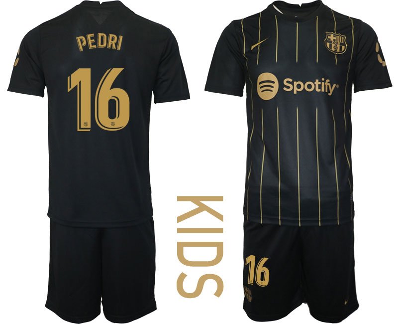 PEDRI 16 FC Barcelona 2022-2023 Trikot Set schwarz gold Fußballtrikot für Kinder