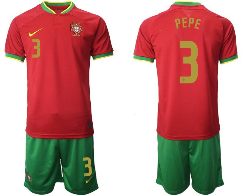 PEPE 3 Portugal WM 2022 Heimtrikot rot und grün Trikotsatz Kurzarm + Kurze Hosen Herren