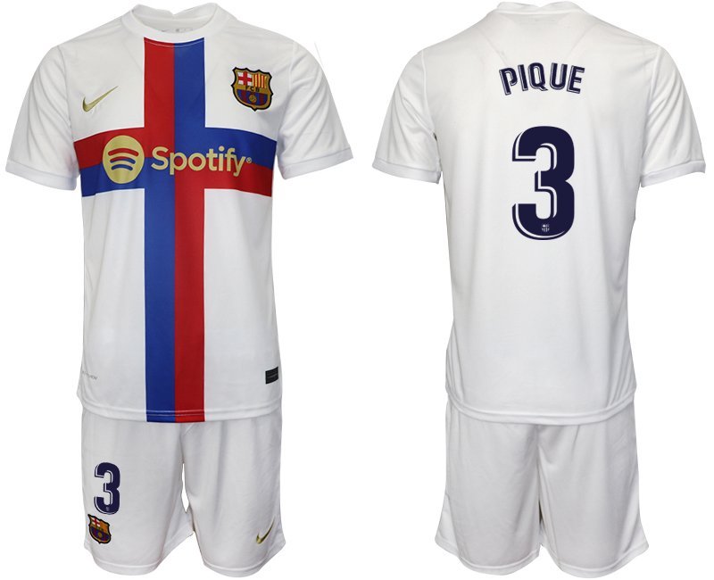 PIQUE #3 FC Barcelona 2022-23 Ausweichtrikot weiß Trikotsatz Kurzarm + Kurze Hosen Herren