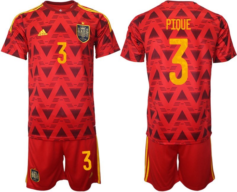 PIQUE 3 Spanien Heimtrikot für die WM 2022 Rot Trikotsatz Kurzarm + Kurze Hosen