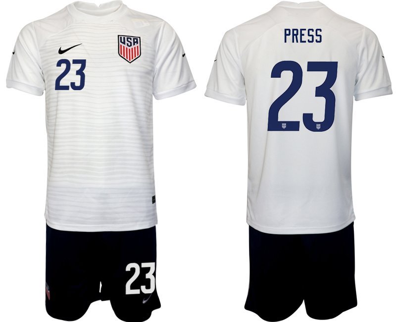 PRESS 23 United States Heimtrikot WM 2022 USA Trikotsatz weiß Kurzarm + Kurze Hosen Herren