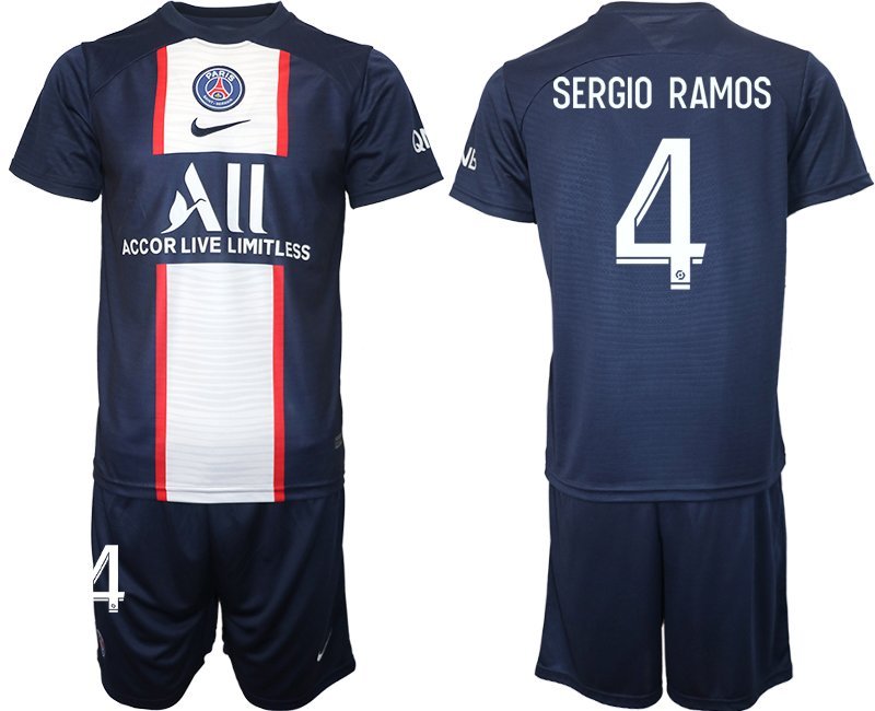 Paris Saint Germain 2022-23 Heimtrikot blau Kurzarm + Kurze Hosen SERGIO RAMOS 4