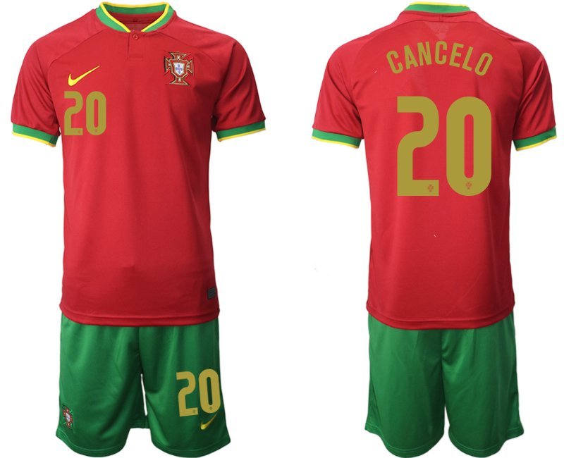 Portugal WM 2022 Heimtrikot rot und grün Trikotsatz Kurzarm + Kurze Hosen CANCELO 20