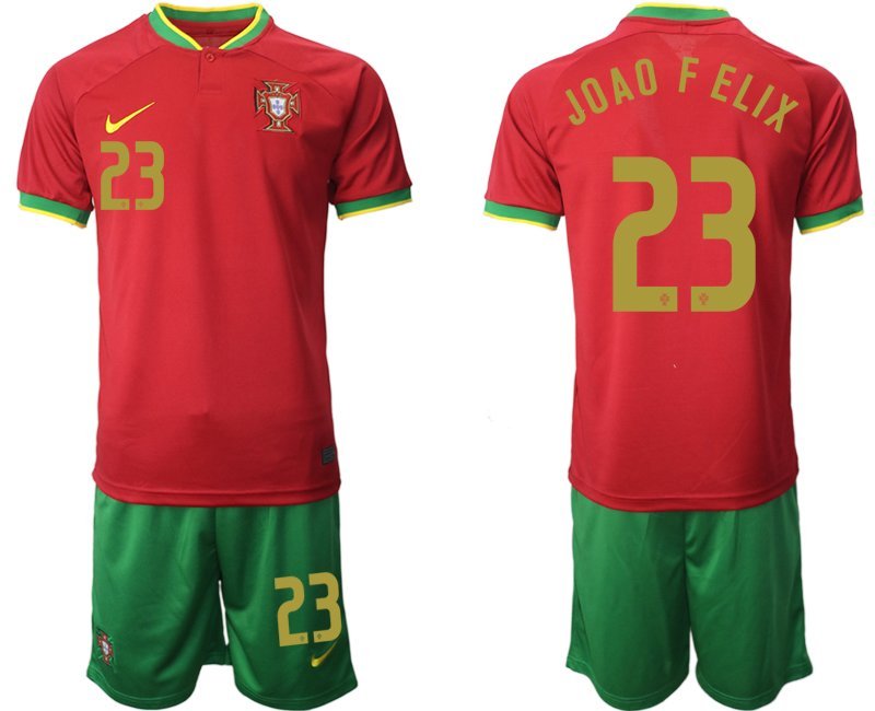 Portugal WM 2022 Heimtrikot rot und grün Trikotsatz Kurzarm + Kurze Hosen Joao Felix 23