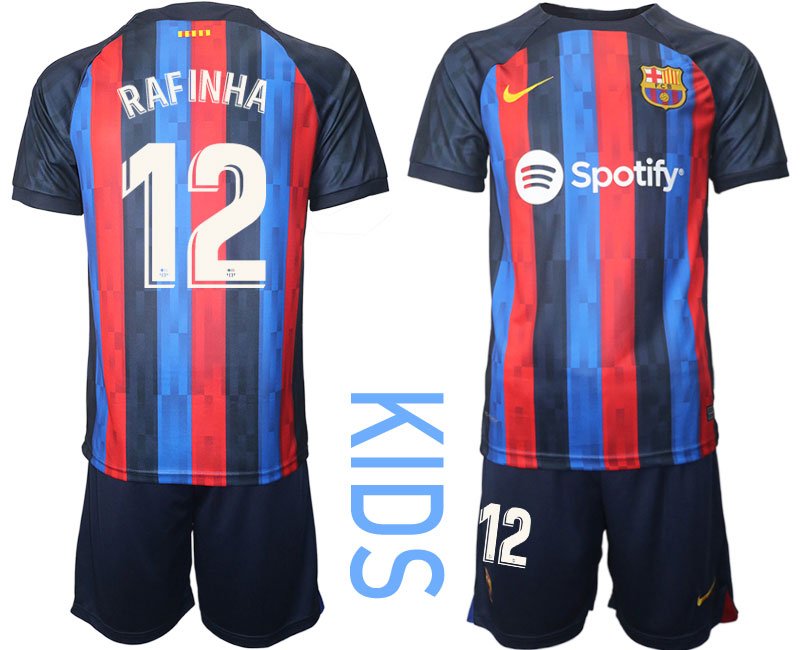 RAFINHA 12 FC BARCA 2022/23 Heimtrikot schwarz blau rot Trikotsatz Kurzarm Kinder