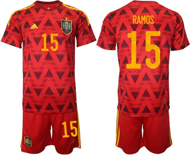 Ramos 15 Spanien Heimtrikot für die WM 2022 Rot Trikotsatz Kurzarm + Kurze Hosen