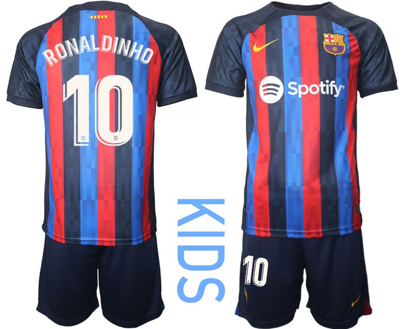 Ronaldinho 10 FC BARCA 2022/23 Heimtrikot schwarz blau rot Trikotsatz Kurzarm Kinder