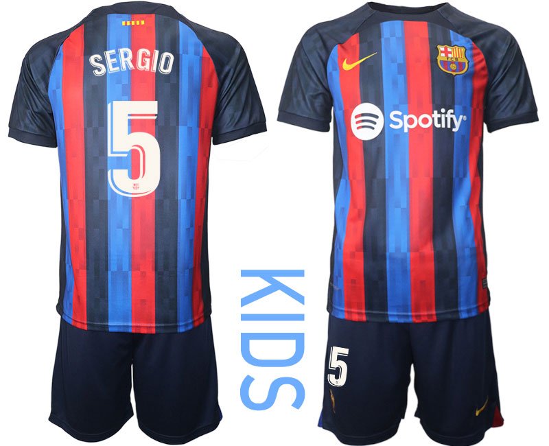 SERGIO 5 FC BARCA 2022/23 Heimtrikot schwarz blau rot Trikotsatz Kurzarm Kinder