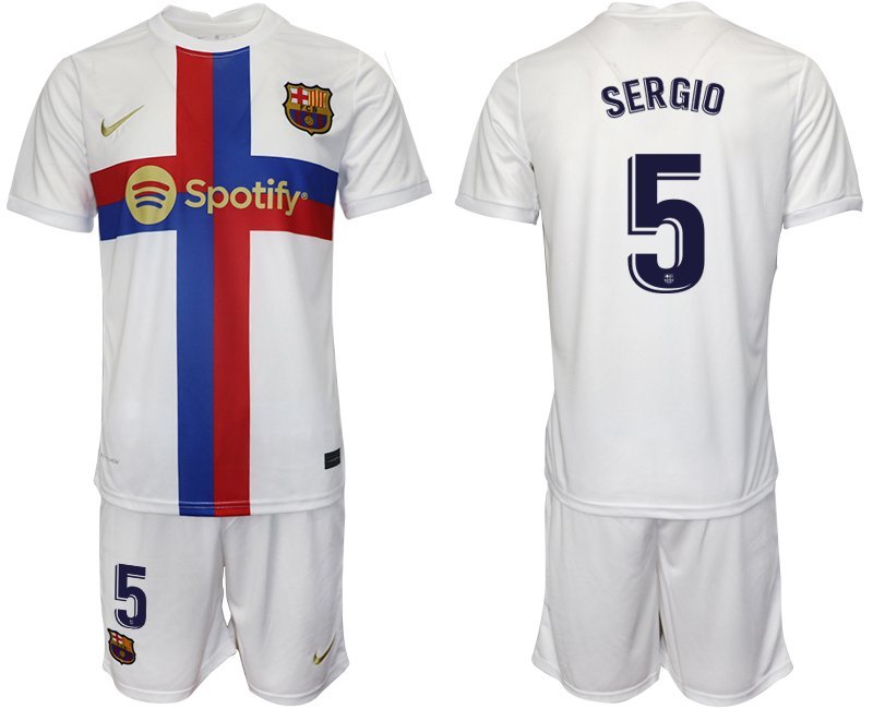 Sergio #5 FC Barcelona 2022-23 Drittes Trikot weiß Trikotsatz Kurzarm + Kurze Hosen Herren