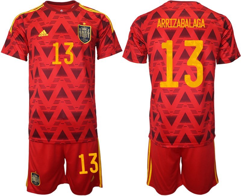 Spanien Heimtrikot für die WM 2022 Rot Trikotsatz Kurzarm + Kurze Hosen Arrizabalaga 13