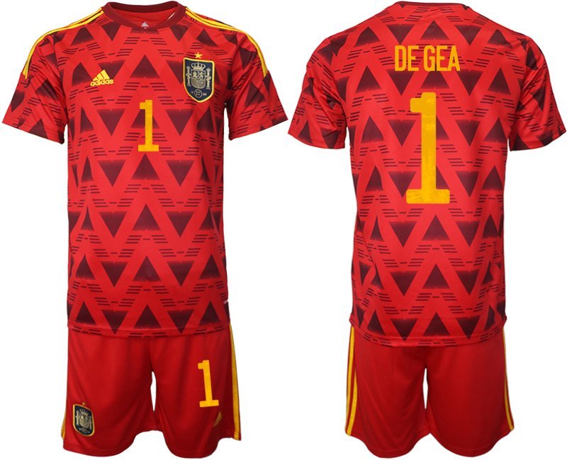 Spanien Heimtrikot für die WM 2022 Rot Trikotsatz Kurzarm + Kurze Hosen DE GEA 1