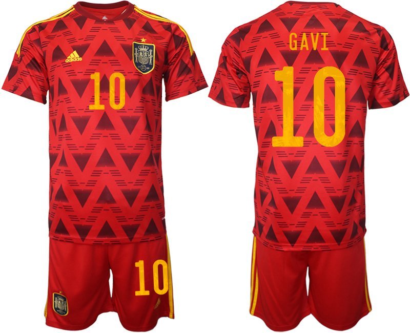 Spanien Heimtrikot für die WM 2022 Rot Trikotsatz Kurzarm + Kurze Hosen Gavi 10