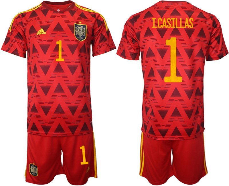 Spanien Heimtrikot für die WM 2022 Rot Trikotsatz Kurzarm + Kurze Hosen I.Casillas #1