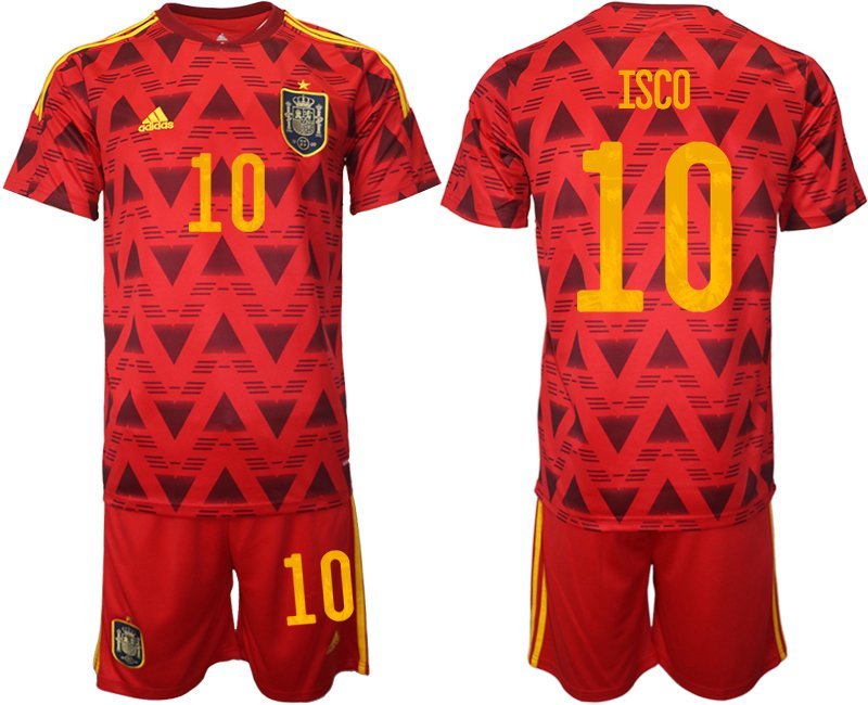 Spanien Heimtrikot für die WM 2022 Rot Trikotsatz Kurzarm + Kurze Hosen ISCO 10
