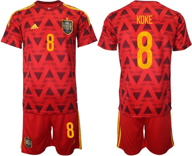 Spanien Heimtrikot für die WM 2022 Rot Trikotsatz Kurzarm + Kurze Hosen KOKE 8