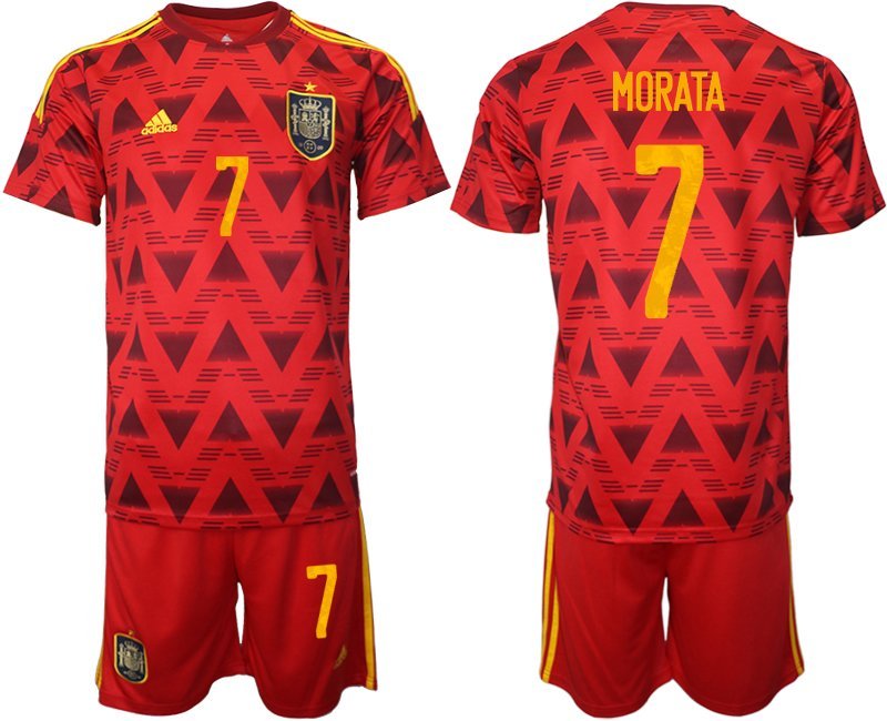 Spanien Heimtrikot für die WM 2022 Rot Trikotsatz Kurzarm + Kurze Hosen MORATA 7