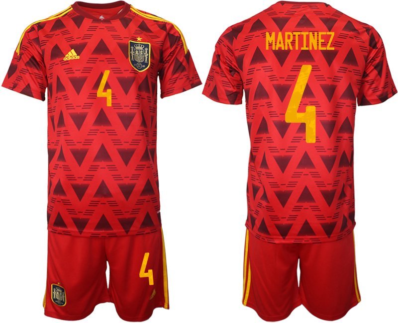 Spanien Heimtrikot für die WM 2022 Rot Trikotsatz Kurzarm + Kurze Hosen Martinez 4