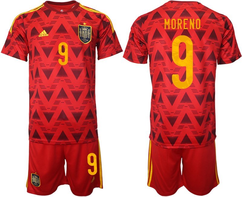 Spanien Heimtrikot für die WM 2022 Rot Trikotsatz Kurzarm + Kurze Hosen Moreno 9