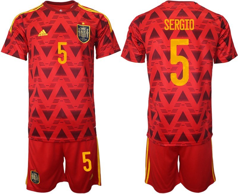 Spanien Heimtrikot für die WM 2022 Rot Trikotsatz Kurzarm + Kurze Hosen SERGIO #5