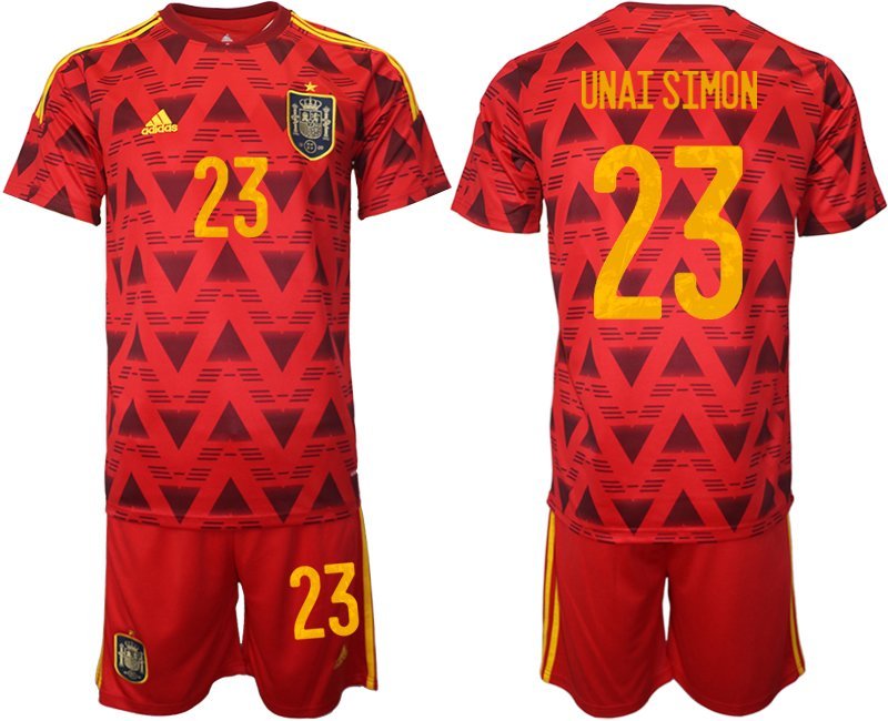Spanien Heimtrikot für die WM 2022 Rot Trikotsatz Kurzarm + Kurze Hosen UNAI SIMON 23