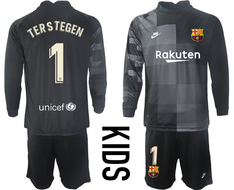 Ter Stegen 1 FC Barca Torwarttrikot schwarz Trikotsatz Langarm + Kurze Hosen Kinder