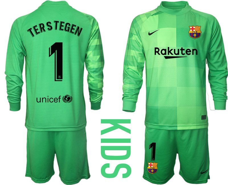 Ter Stegen 1 FC Barcelona Torwarttrikot Auswärts 2021/22 Kinder Trikotsatz Langarm Grün