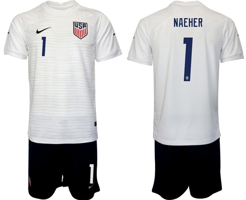 USA Heimtrikot WM 2022 Trikotsatz weiß Kurzarm + schwarz Kurze Hosen Naeher 1