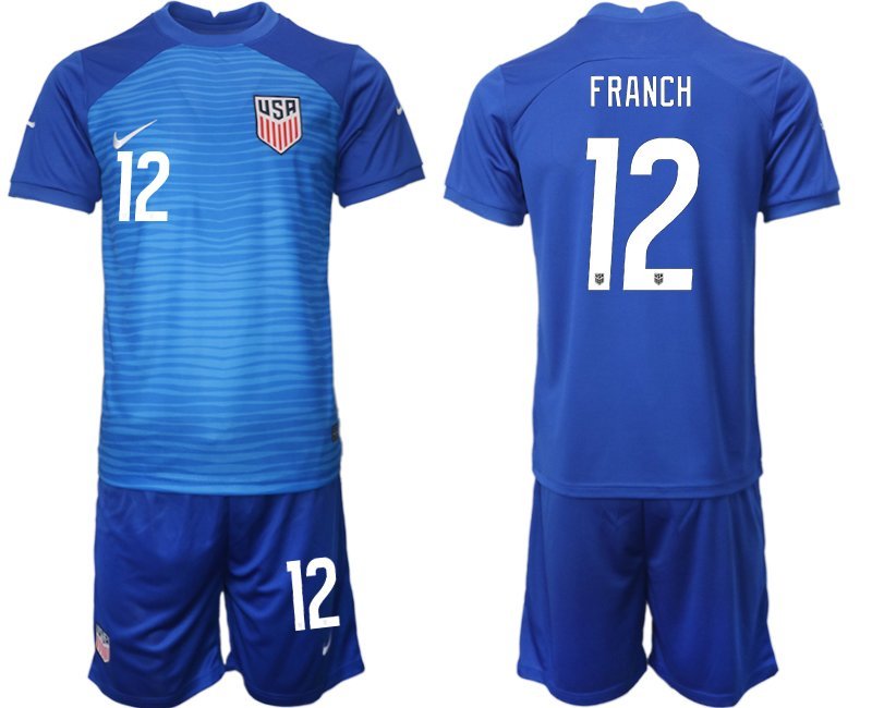 USA Weg Fußball-Trikots WM 2022 blau Trikotsatz Kurzarm + Kurze Hosen Franch 12