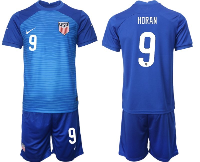 USA Weg Fußball-Trikots WM 2022 blau Trikotsatz Kurzarm + Kurze Hosen Horan #9