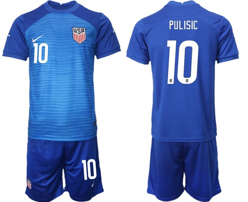 USA Weg Fußball-Trikots WM 2022 blau Trikotsatz Kurzarm + Kurze Hosen Pulisic 10