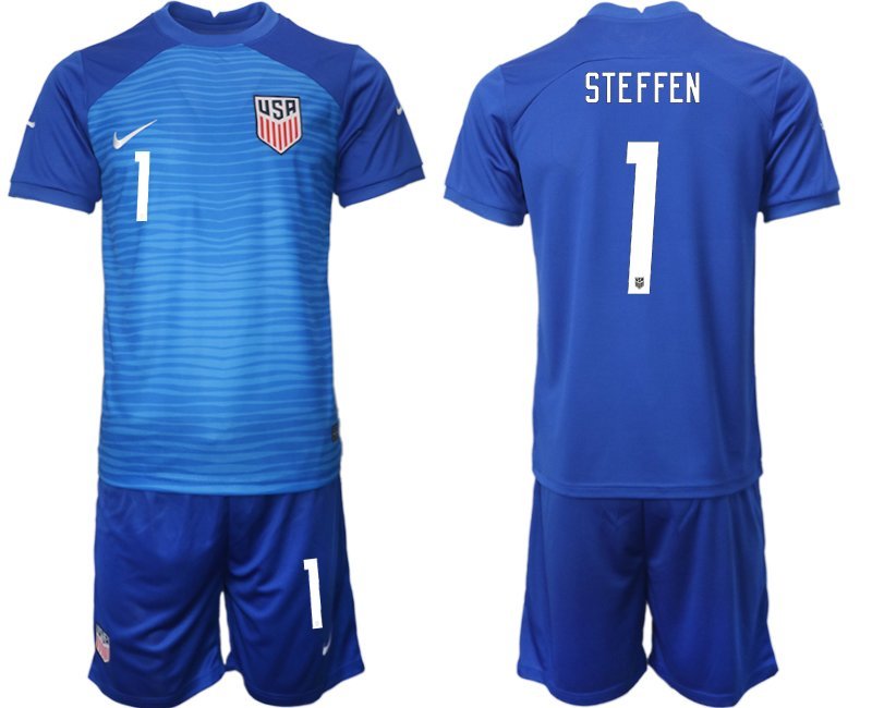 USA Weg Fußball-Trikots WM 2022 blau Trikotsatz Kurzarm + Kurze Hosen Steffen #1