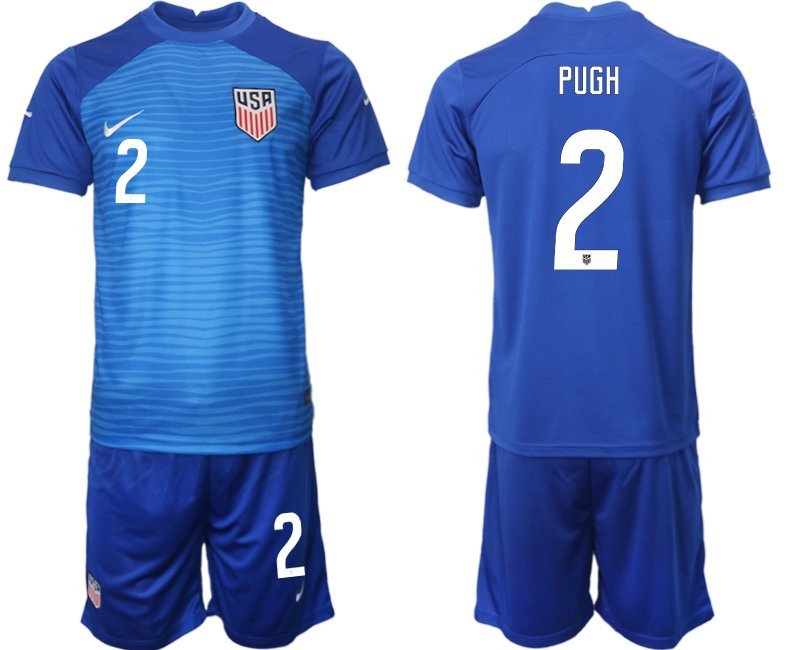 United States Auswärtstrikot WM 2022 blau USA Trikotsatz Kurzarm + Kurze Hosen Pugh #2