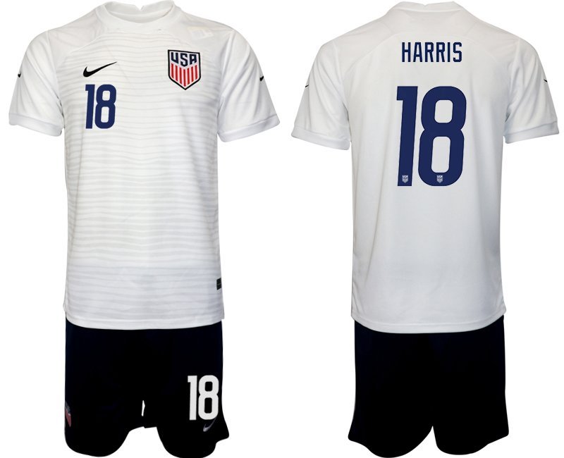 United States Heimtrikot WM 2022 USA weiß Kurzarm + schwarz Kurze Hosen Harris #18