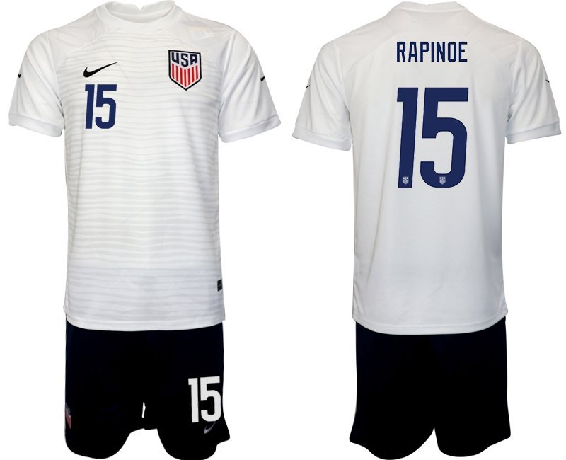 United States Heimtrikot WM 2022 USA weiß Kurzarm + schwarz Kurze Hosen Rapinoe 15