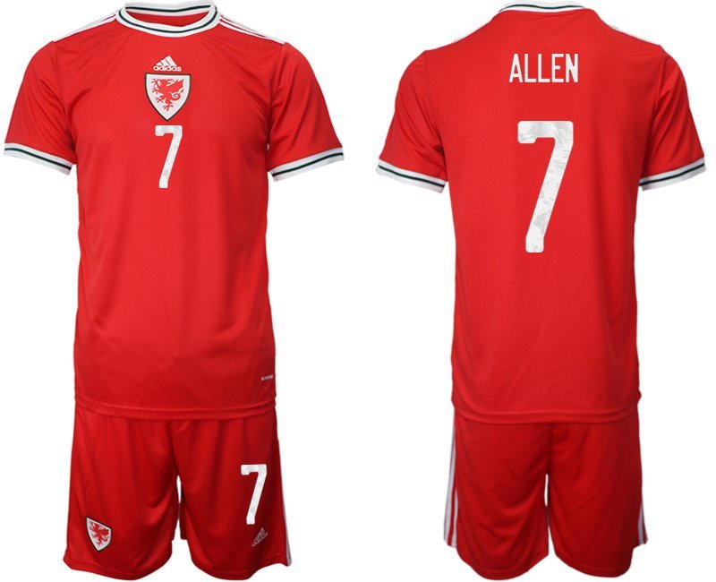 Wales Heimtrikot 2022 rot Trikotsatz Kurzarm + Kurze Hosen mit Aufdruck Allen 7