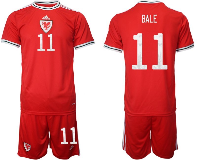 Wales Heimtrikot 2022 rot Trikotsatz Kurzarm + Kurze Hosen mit Aufdruck Bale 11