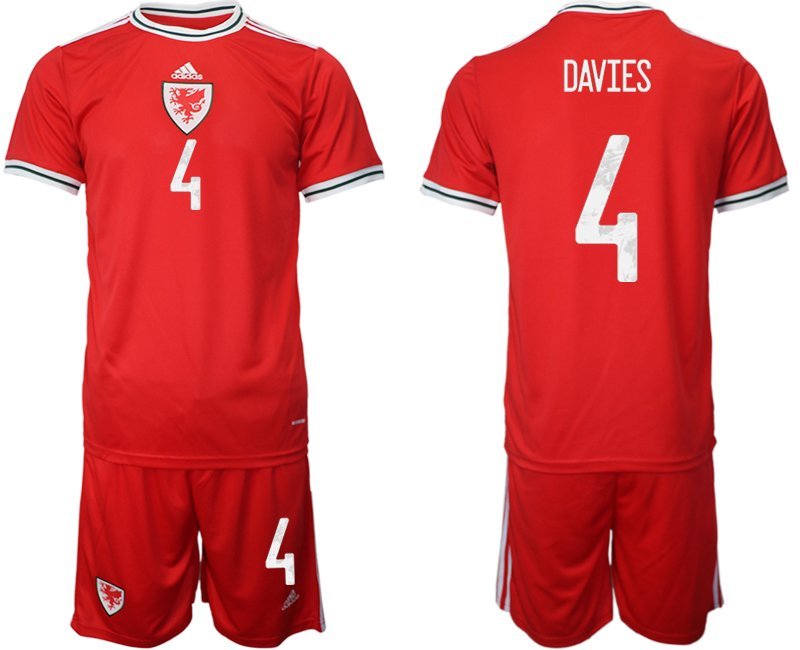 Wales Heimtrikot 2022 rot Trikotsatz Kurzarm + Kurze Hosen mit Aufdruck Davies 4