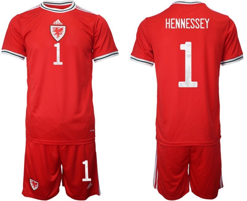 Wales Heimtrikot 2022 rot Trikotsatz Kurzarm + Kurze Hosen mit Aufdruck Hennessey 1