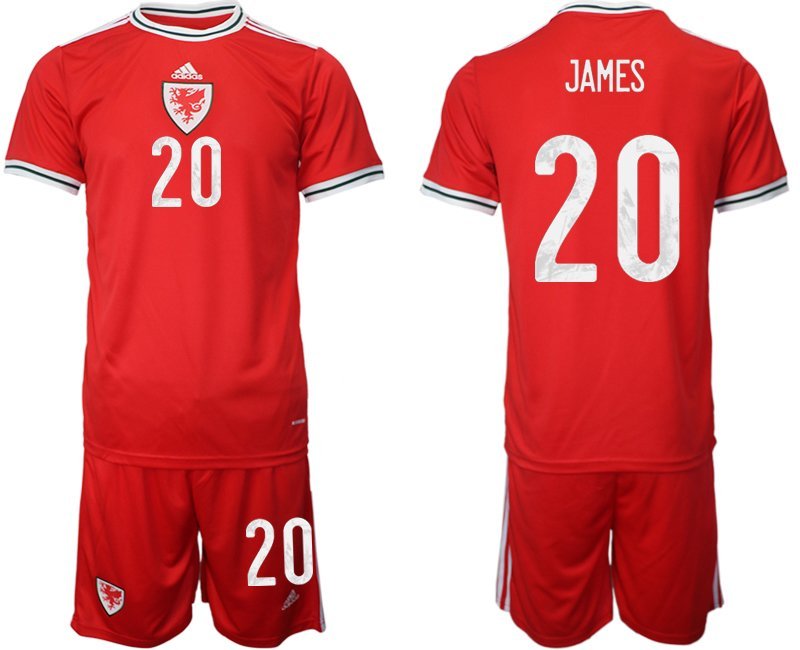 Wales Heimtrikot 2022 rot Trikotsatz Kurzarm + Kurze Hosen mit Aufdruck James 20