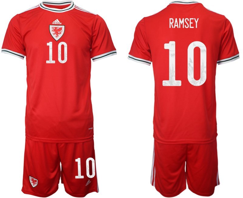 Wales Heimtrikot 2022 rot Trikotsatz Kurzarm + Kurze Hosen mit Aufdruck Ramsey 10