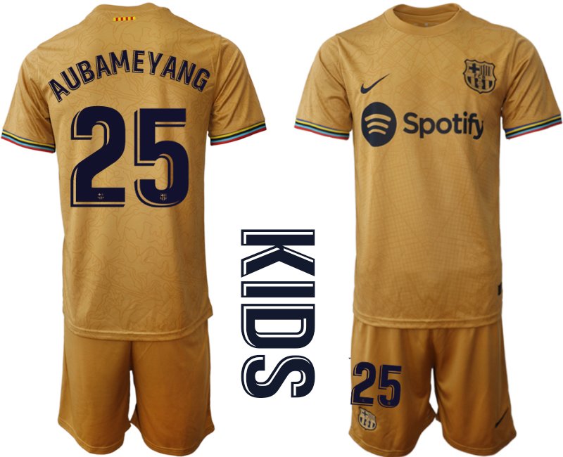 Aubameyang 25 FC Barcelona 2022-23 Auswärtstrikot Goldene Fußballtrikot Kinder