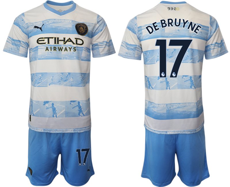 De Bruyne 17 Manchester City FC 93:20 Anniversary Neuen Fußballtrikot Weiss Blau Herren