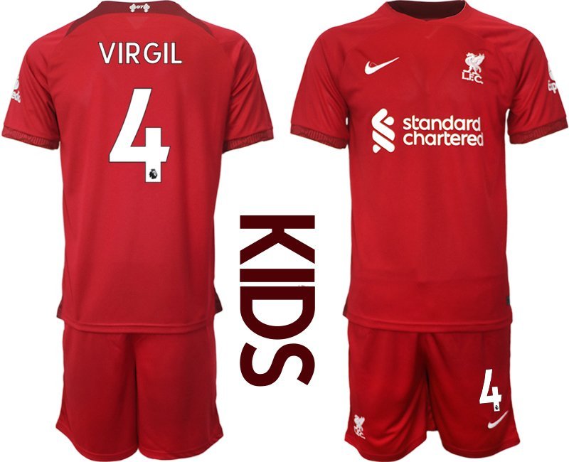 FC Liverpool 2022-2023 Kinderheim Trikot rot weiß mit Aufdruck VIRGIL 4