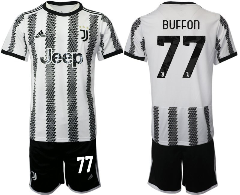 Herren Juventus Turin Heimtrikot 2023 weiß schwarz Fußballtrikot mit Aufdruck Buffon 77