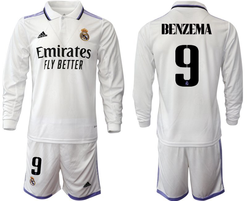 Herren Real Madrid Heimtrikot 2022-23 weiß Langarm mit Aufdruck Benzema 9