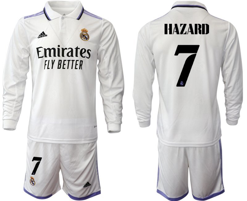 Herren Real Madrid Heimtrikot 2022-23 weiß Langarm mit Aufdruck Hazard 7