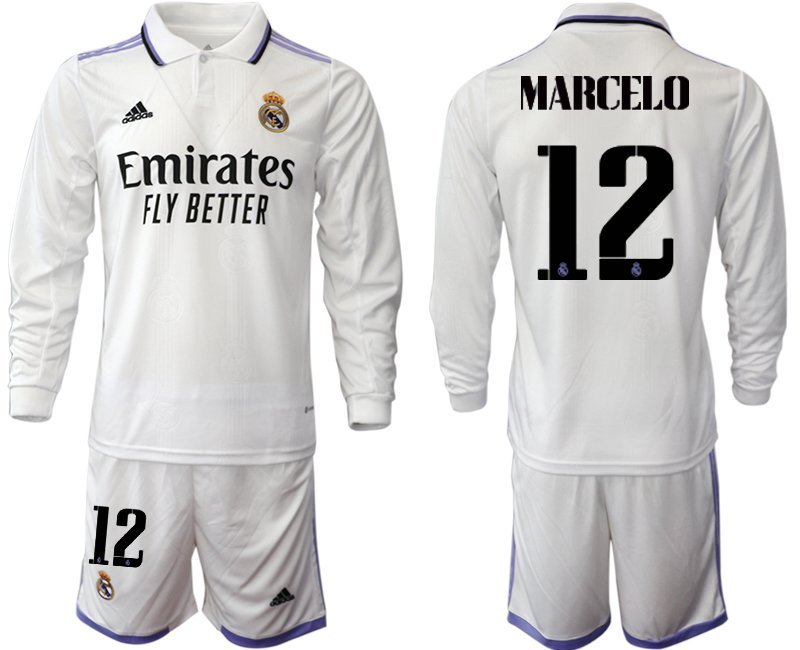 Herren Real Madrid Heimtrikot 2022-23 weiß Langarm mit Aufdruck Marcelo 12